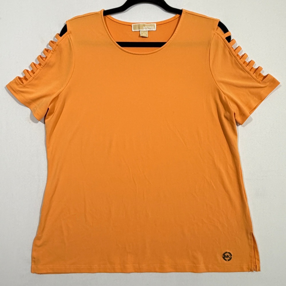 Michael Michael Kors Top Women's L Orange Ladder Cut Out Cold Shoulder Medallion